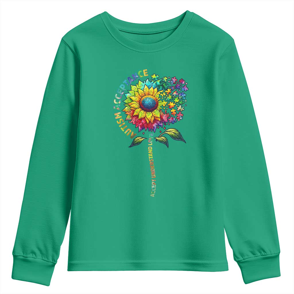 Autism Acceptance Youth Sweatshirt Accept Understand Love Sunflower Puzzle