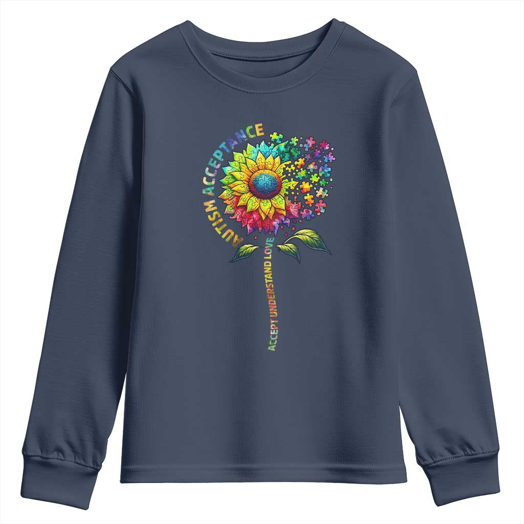 Autism Acceptance Youth Sweatshirt Accept Understand Love Sunflower Puzzle