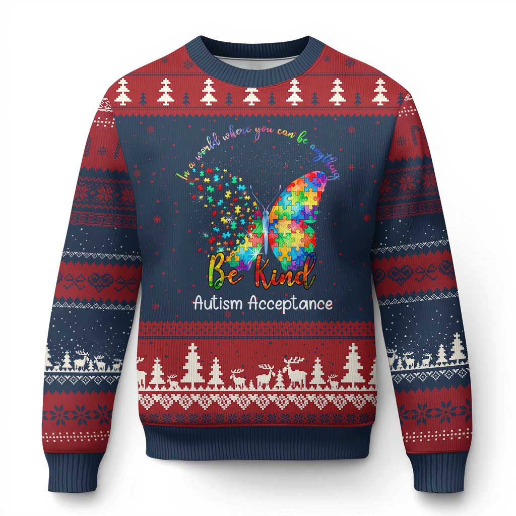 Autism Acceptance Ugly Christmas Sweater In A World Where You Can Be Anything Be Kind Butterfly Puzzle