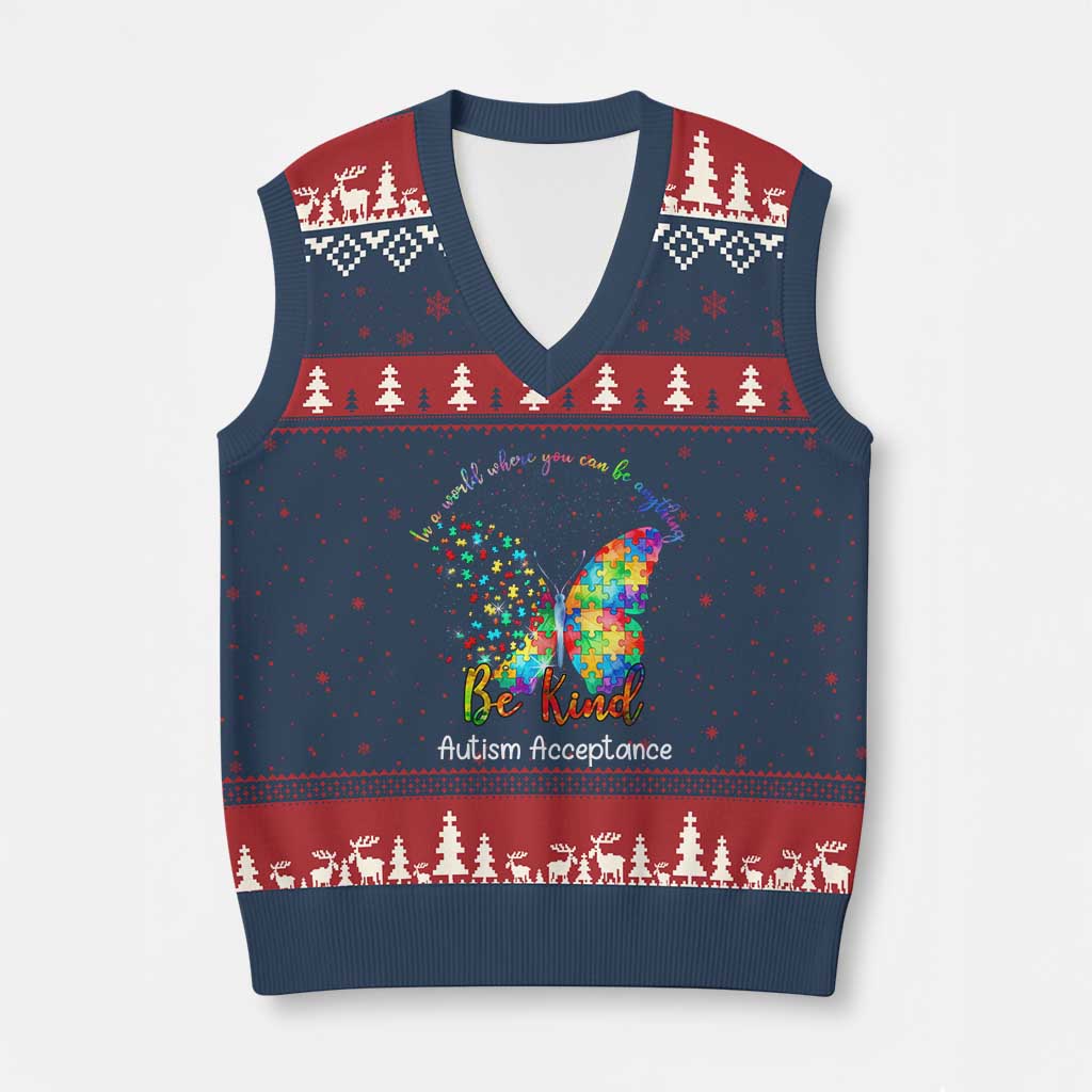 Autism Acceptance V-Neck Knit Sweater Vest In A World Where You Can Be Anything Be Kind Butterfly Puzzle