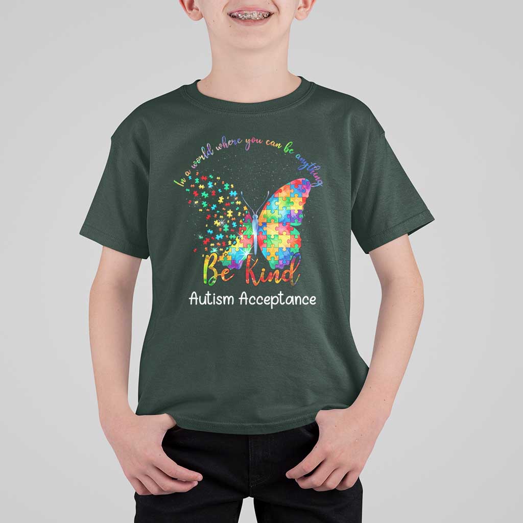 Autism Acceptance T Shirt For Kid In A World Where You Can Be Anything Be Kind Butterfly Puzzle