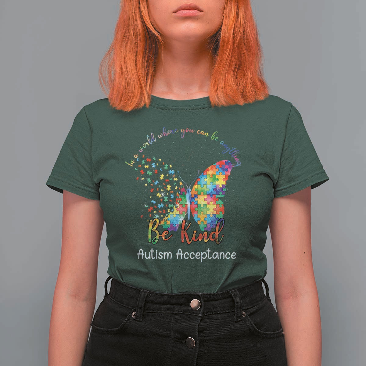 Autism Acceptance T Shirt For Women In A World Where You Can Be Anything Be Kind Butterfly Puzzle