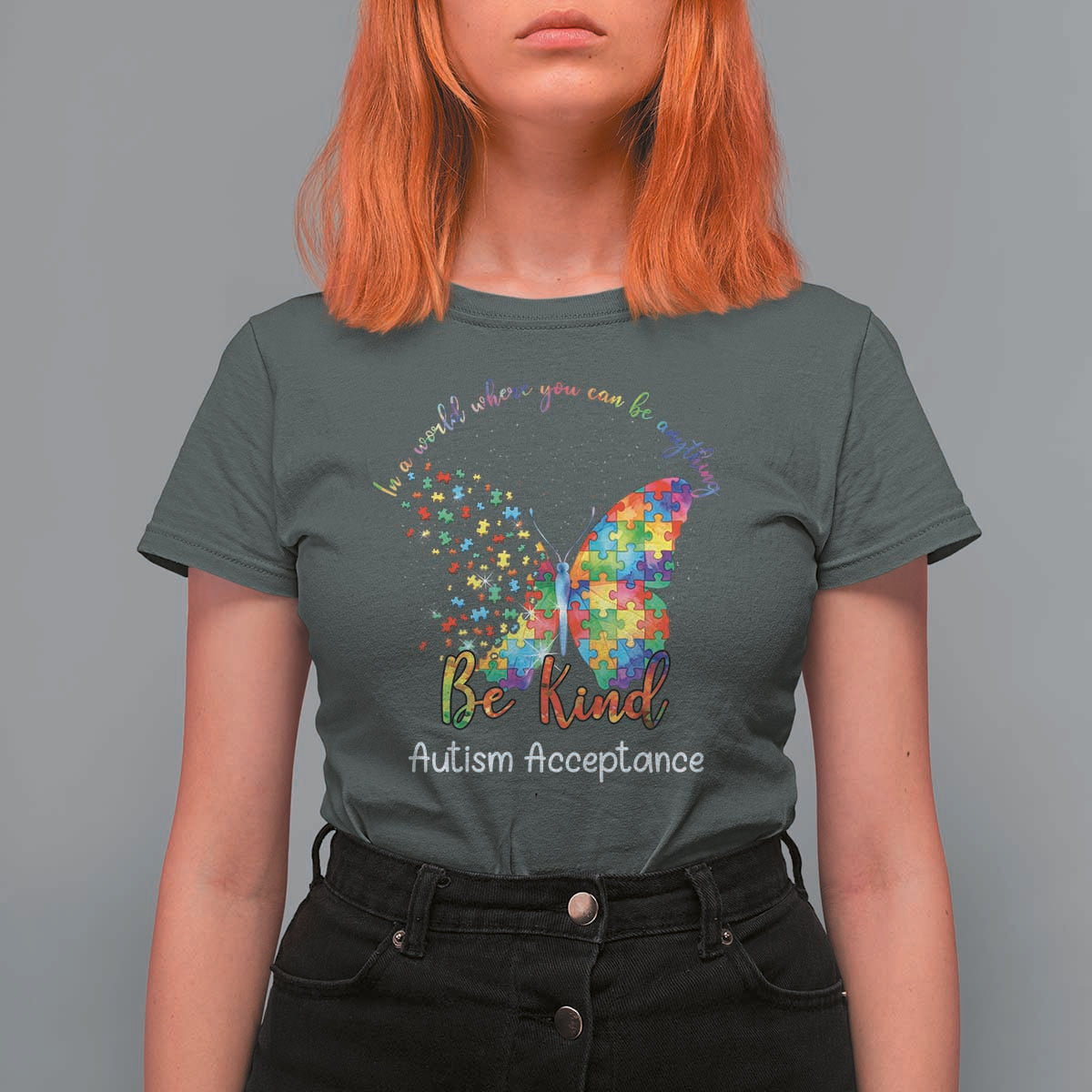 Autism Acceptance T Shirt For Women In A World Where You Can Be Anything Be Kind Butterfly Puzzle