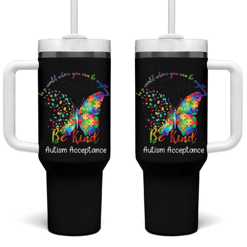 Autism Acceptance Tumbler With Handle In A World Where You Can Be Anything Be Kind Butterfly Puzzle