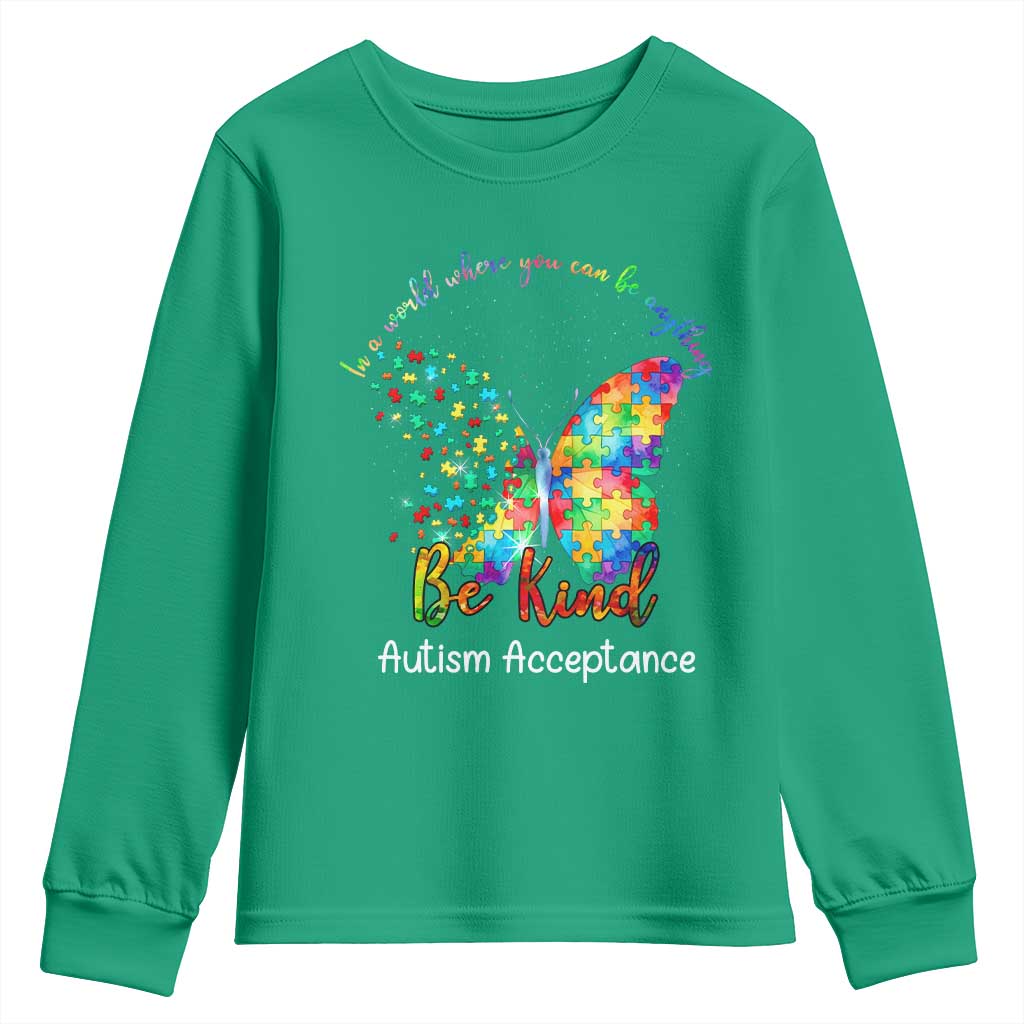 Autism Acceptance Youth Sweatshirt In A World Where You Can Be Anything Be Kind Butterfly Puzzle