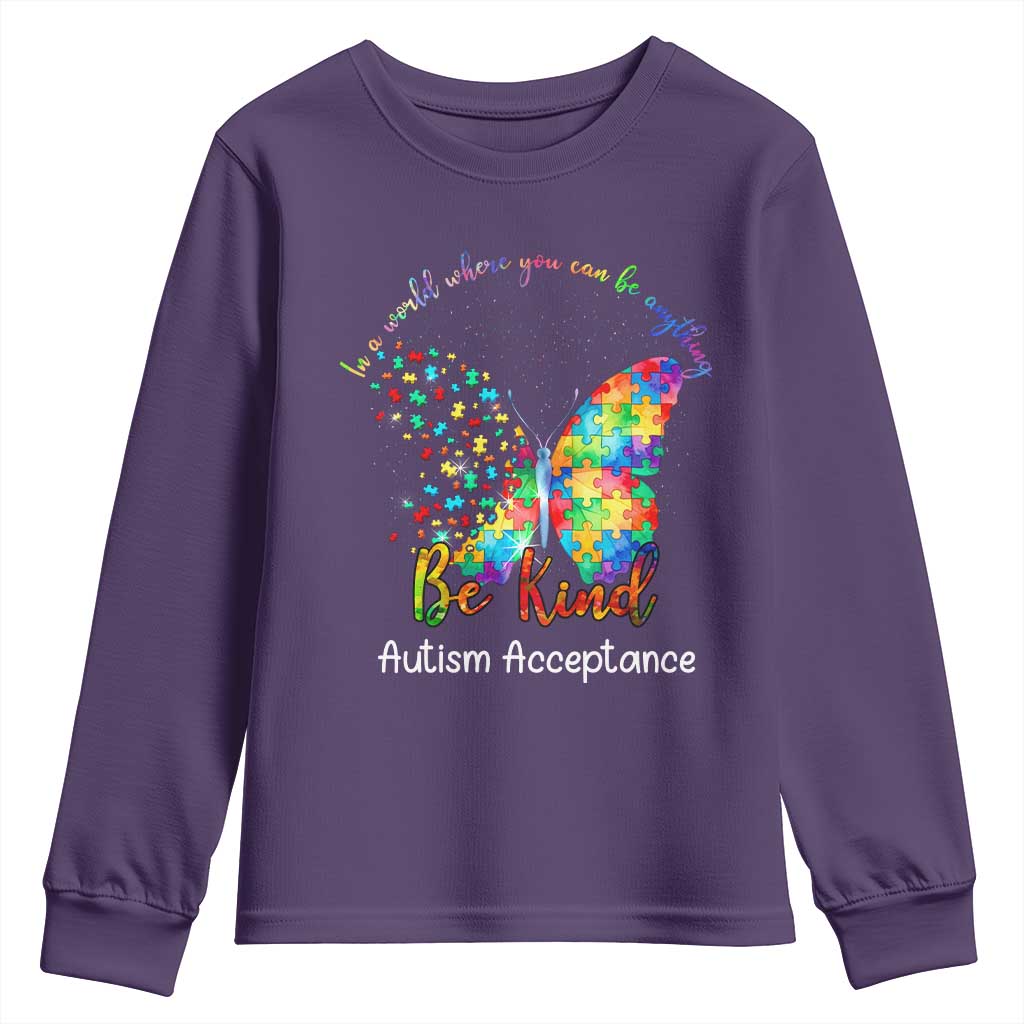 Autism Acceptance Youth Sweatshirt In A World Where You Can Be Anything Be Kind Butterfly Puzzle