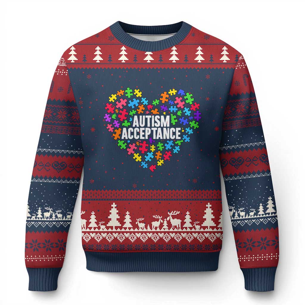 Autism Acceptance Ugly Christmas Sweater Love Heart Puzzle Piece Gift