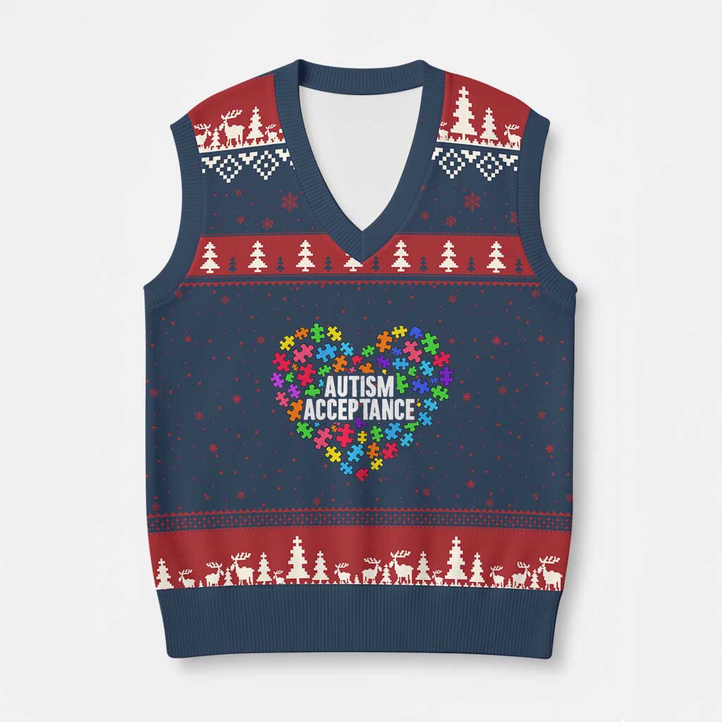 Autism Acceptance V-Neck Knit Sweater Vest Love Heart Puzzle Piece Gift