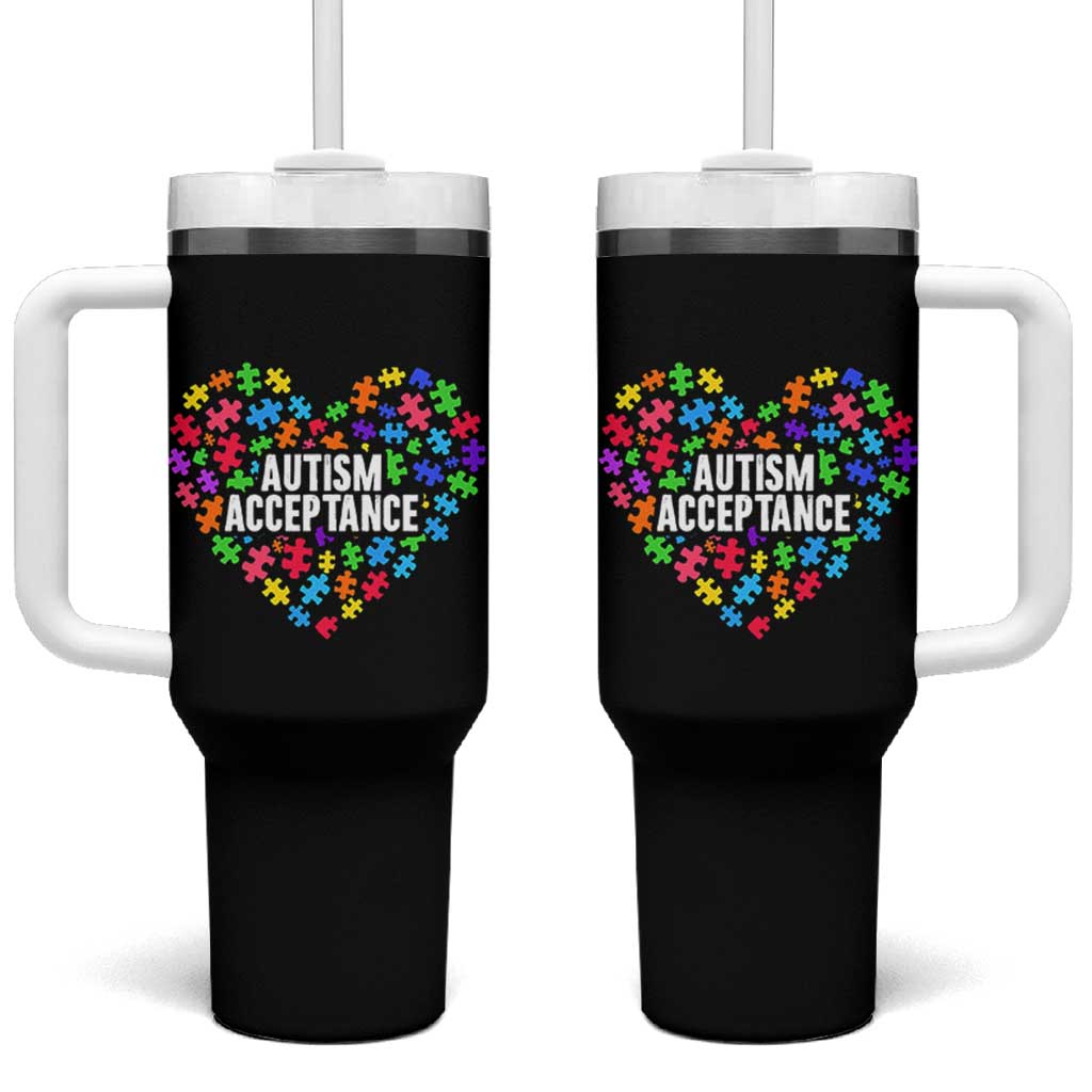 Autism Acceptance Tumbler With Handle Love Heart Puzzle Piece Gift