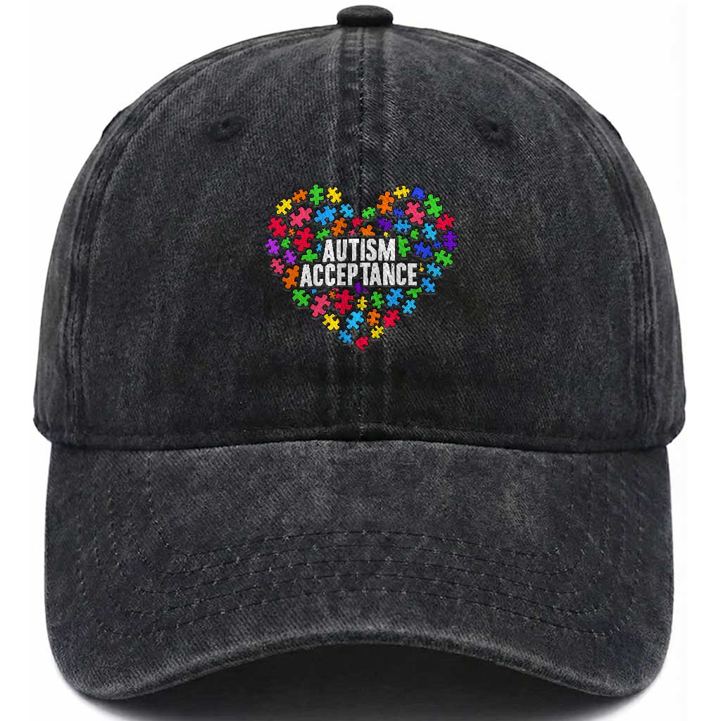 Autism Acceptance Washed Cotton Baseball Cap Love Heart Puzzle Piece Gift