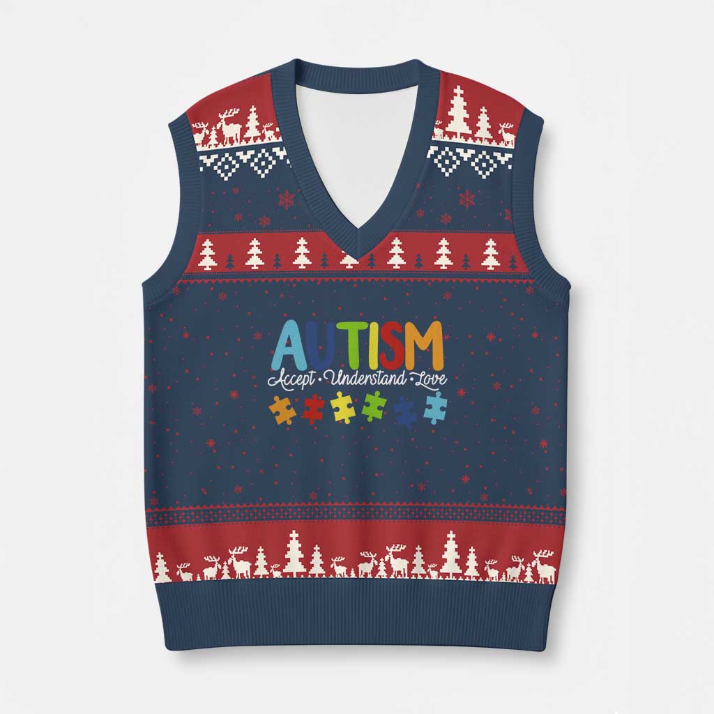 Autism Acceptance V-Neck Knit Sweater Vest Accept Understand Love Special Education Teacher Gift