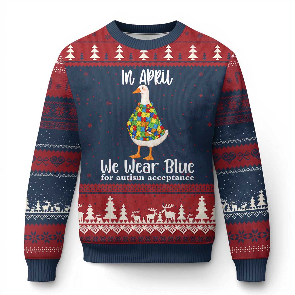 Funny Silly Goose Neurodivergent Support Ugly Christmas Sweater In April We Wear Blue For Autism Acceptance