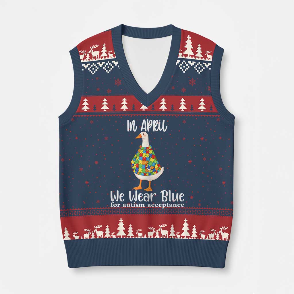 Funny Silly Goose Neurodivergent Support V-Neck Knit Sweater Vest In April We Wear Blue For Autism Acceptance