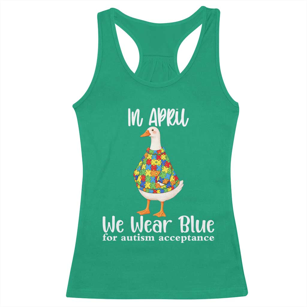 Funny Silly Goose Neurodivergent Support Racerback Tank Top In April We Wear Blue For Autism Acceptance