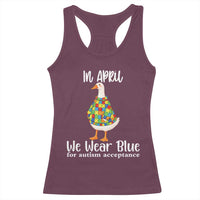 Funny Silly Goose Neurodivergent Support Racerback Tank Top In April We Wear Blue For Autism Acceptance