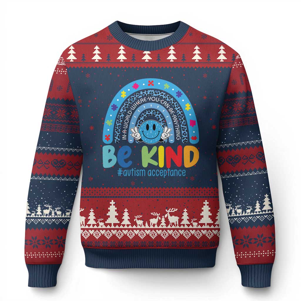 Autism Acceptance Ugly Christmas Sweater Rainbow in April We Wear Blue Ribbon Autism