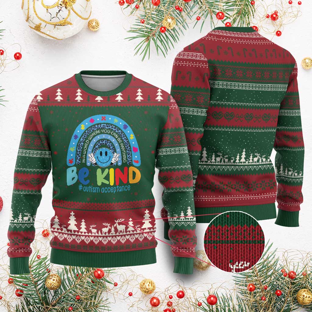 Autism Acceptance Ugly Christmas Sweater Rainbow in April We Wear Blue Ribbon Autism