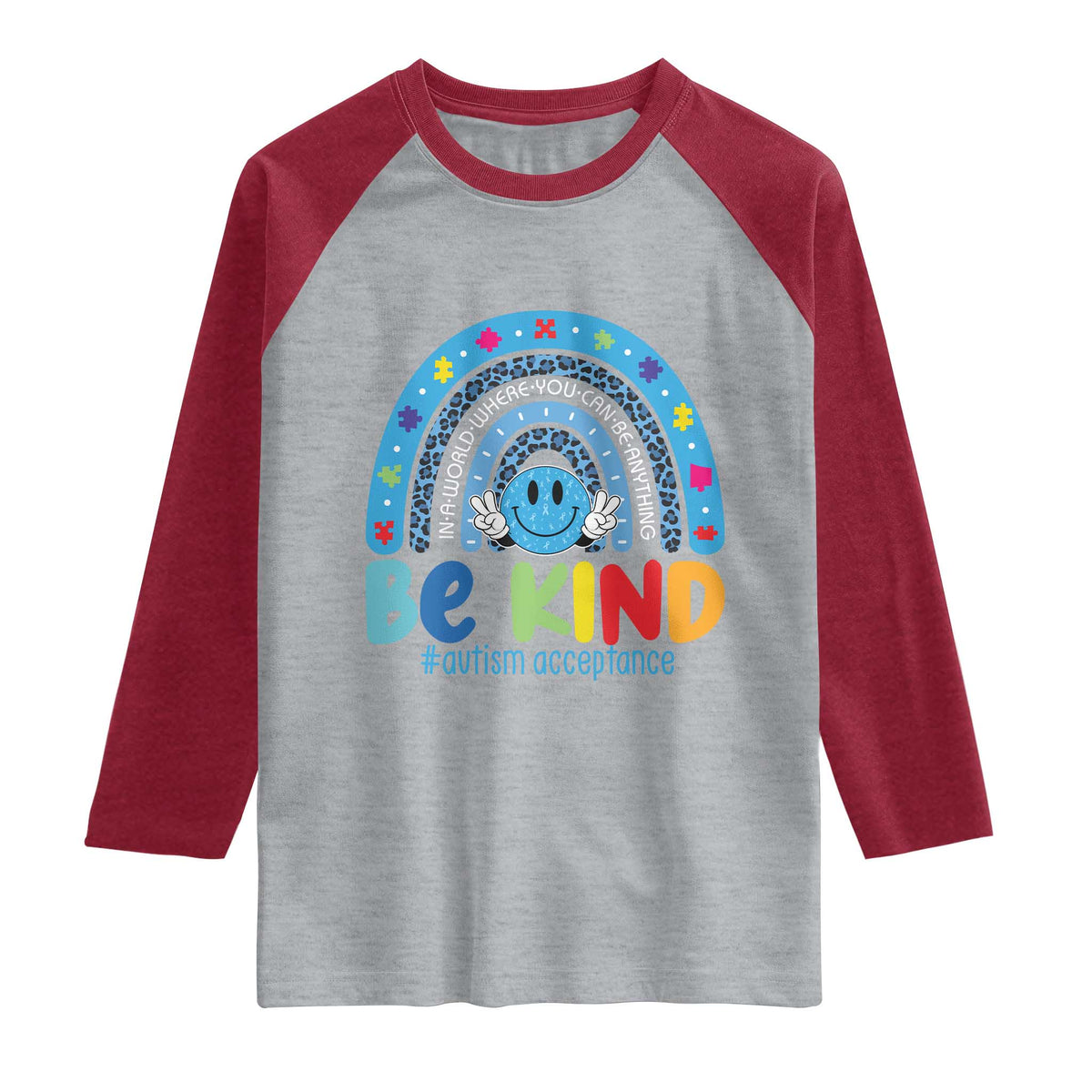 Autism Acceptance Raglan Shirt Rainbow in April We Wear Blue Ribbon Autism