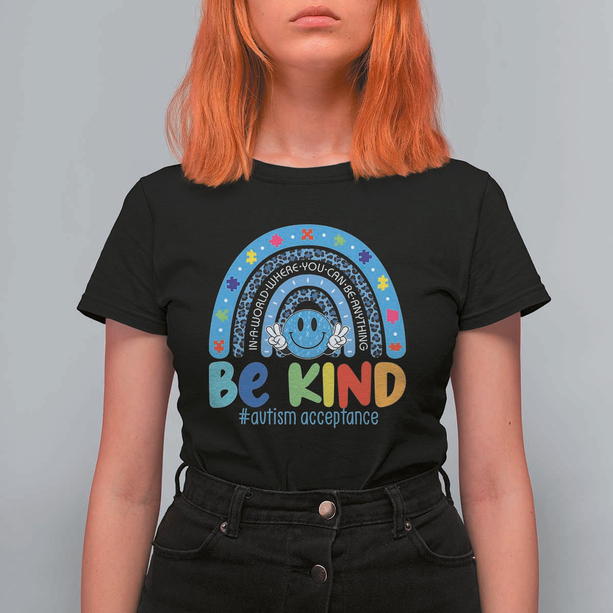 Autism Acceptance T Shirt For Women Rainbow in April We Wear Blue Ribbon Autism