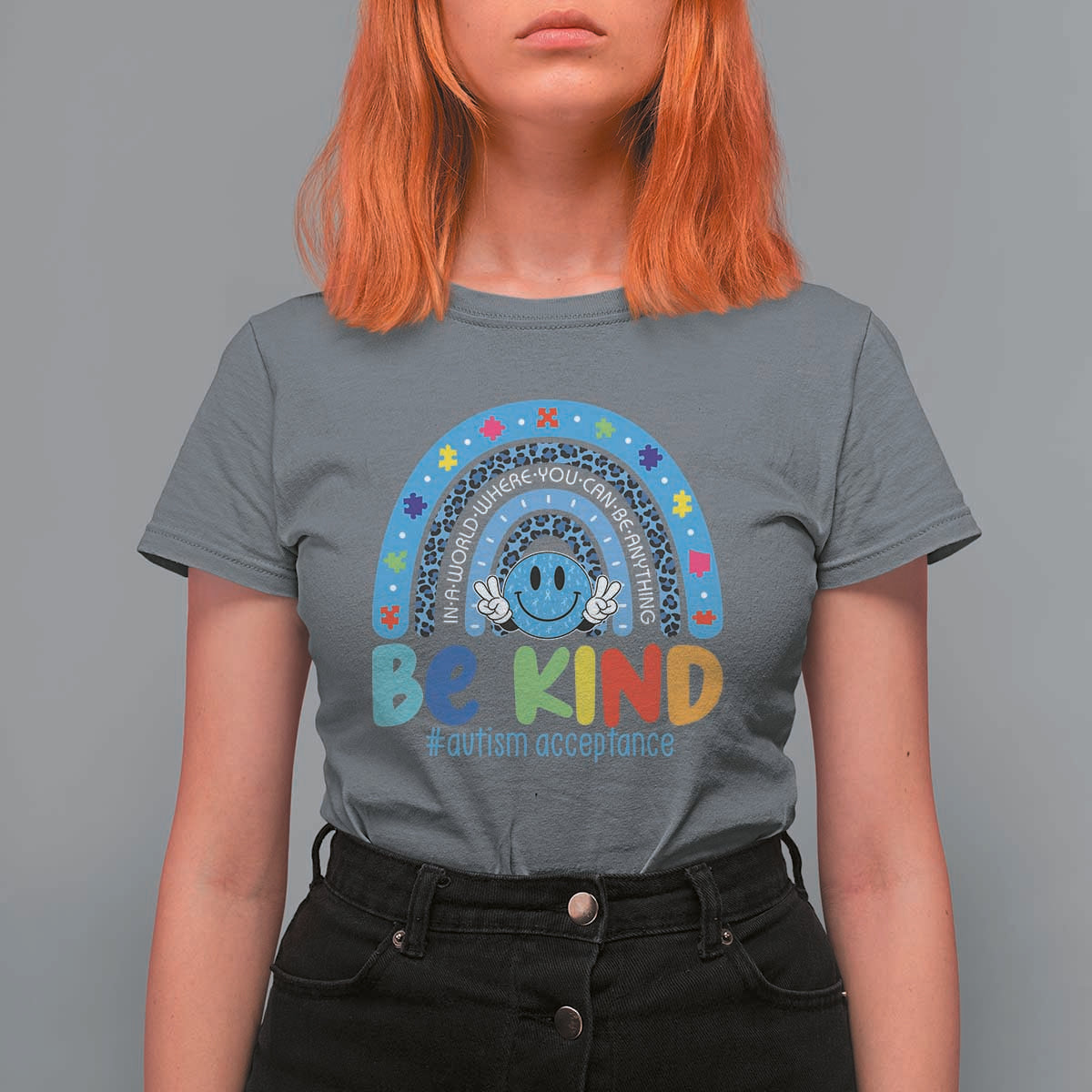 Autism Acceptance T Shirt For Women Rainbow in April We Wear Blue Ribbon Autism