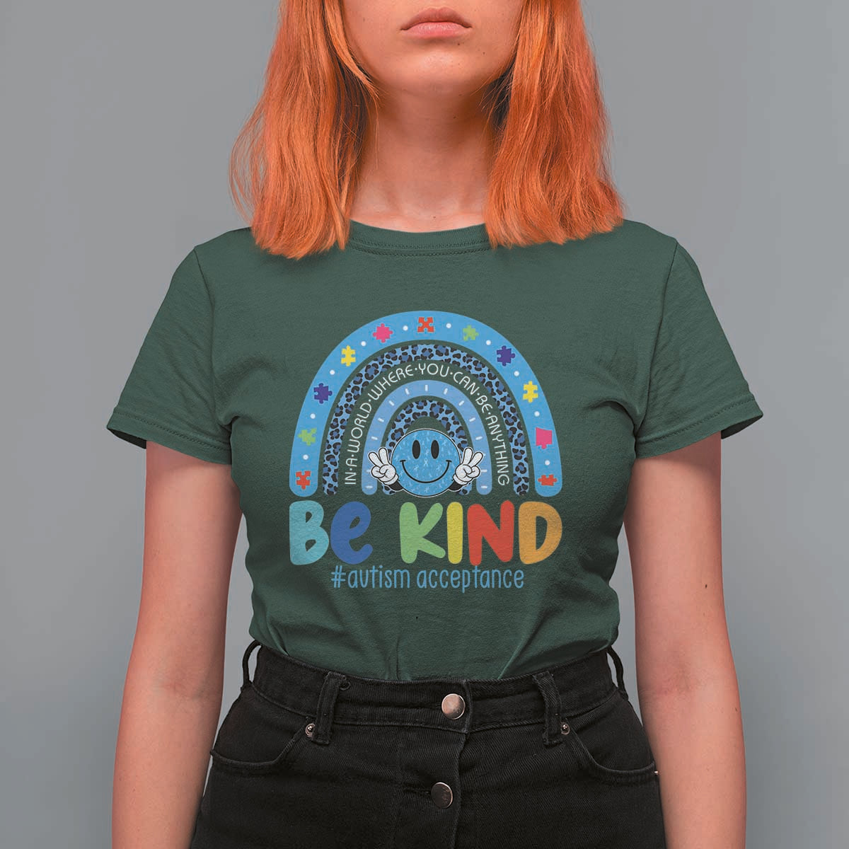 Autism Acceptance T Shirt For Women Rainbow in April We Wear Blue Ribbon Autism