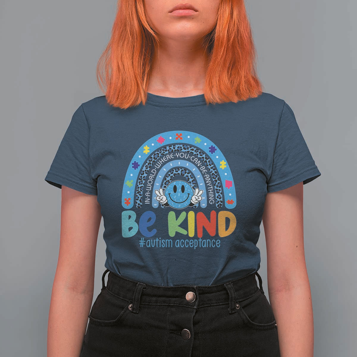 Autism Acceptance T Shirt For Women Rainbow in April We Wear Blue Ribbon Autism