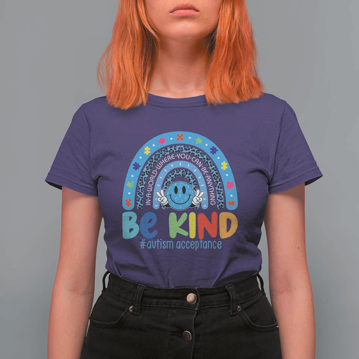 Autism Acceptance T Shirt For Women Rainbow in April We Wear Blue Ribbon Autism