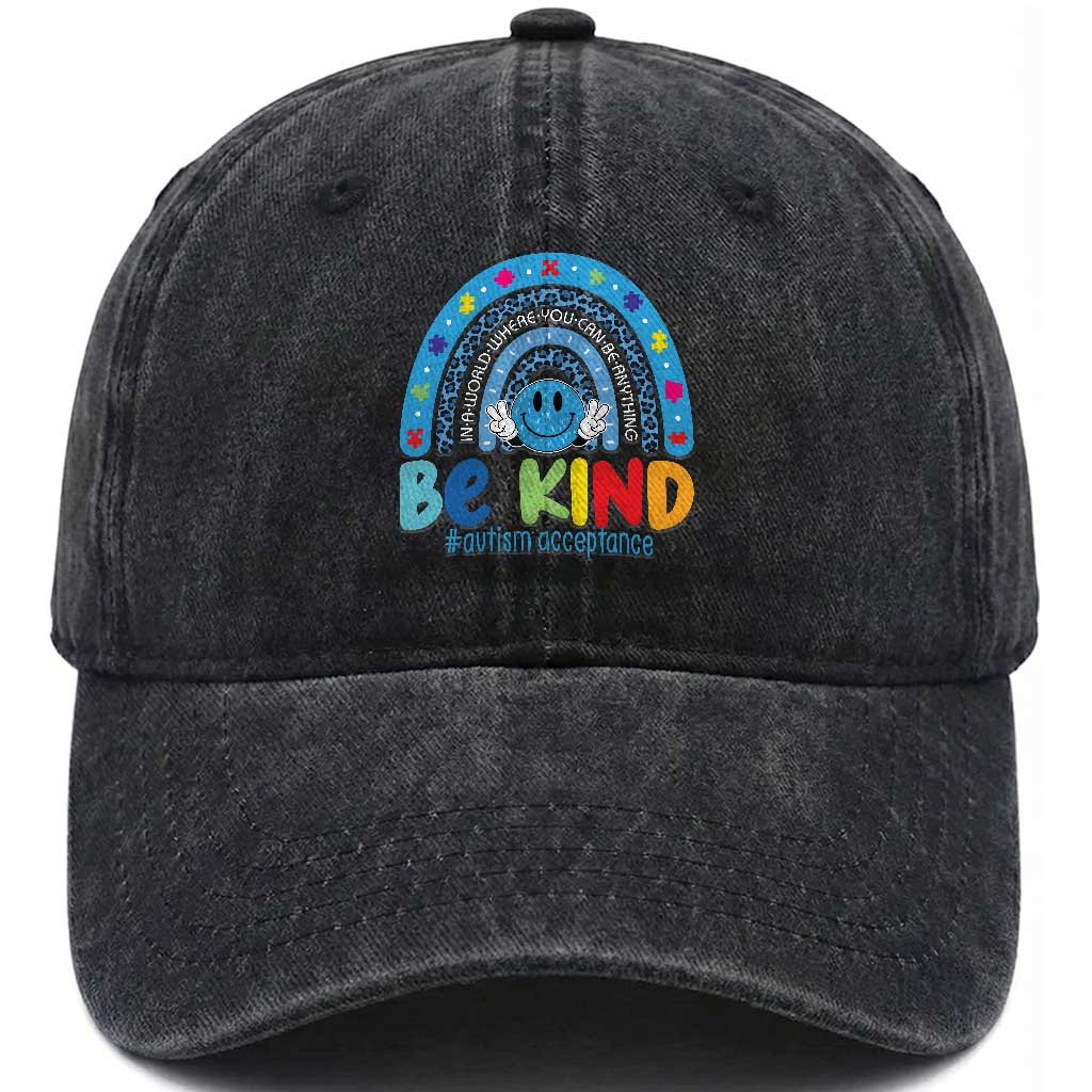 Autism Acceptance Washed Cotton Baseball Cap Rainbow in April We Wear Blue Ribbon Autism