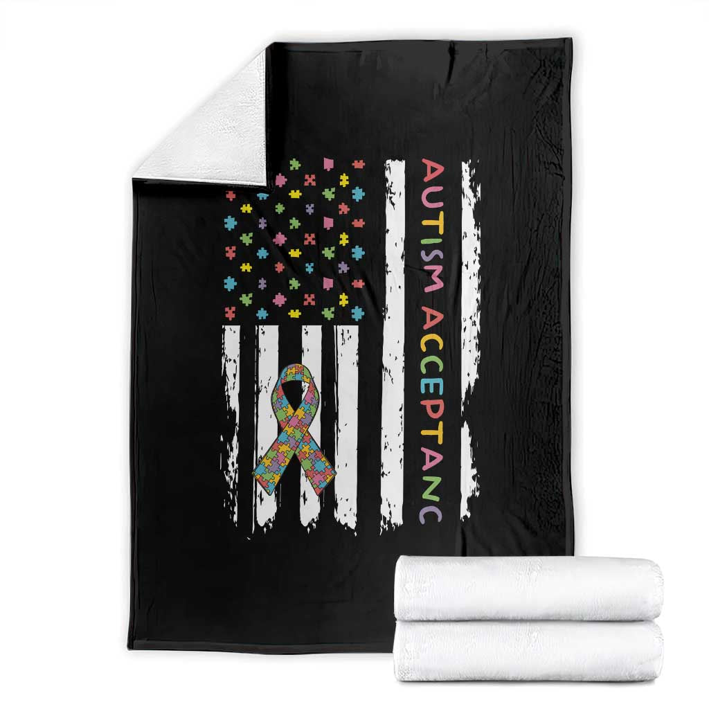 Autism Acceptance Throw Blanket American Flag Neurodivergent Support Ribbon Puzzle