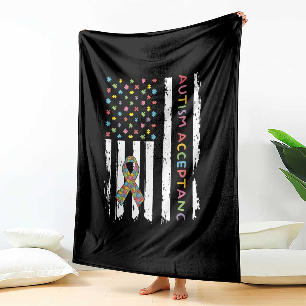 Autism Acceptance Throw Blanket American Flag Neurodivergent Support Ribbon Puzzle