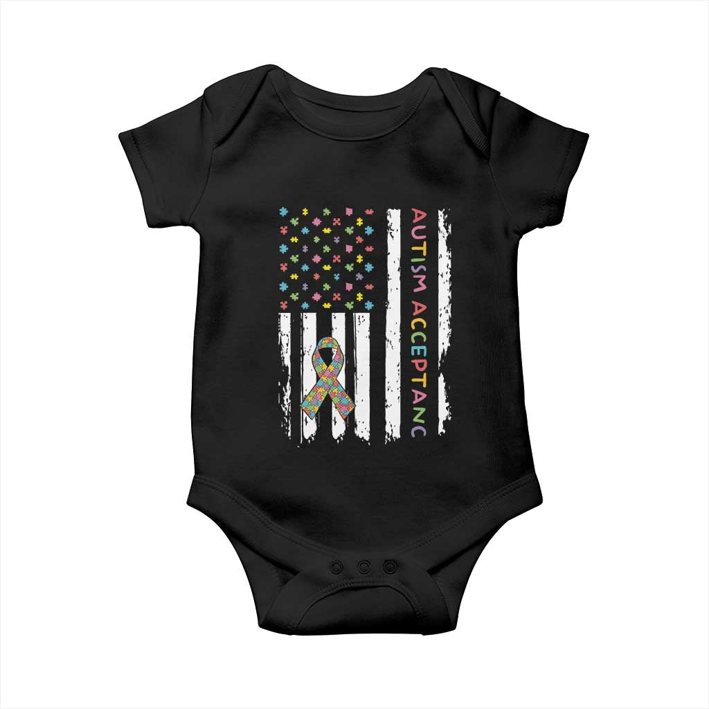 Autism Acceptance Baby Onesie American Flag Neurodivergent Support Ribbon Puzzle