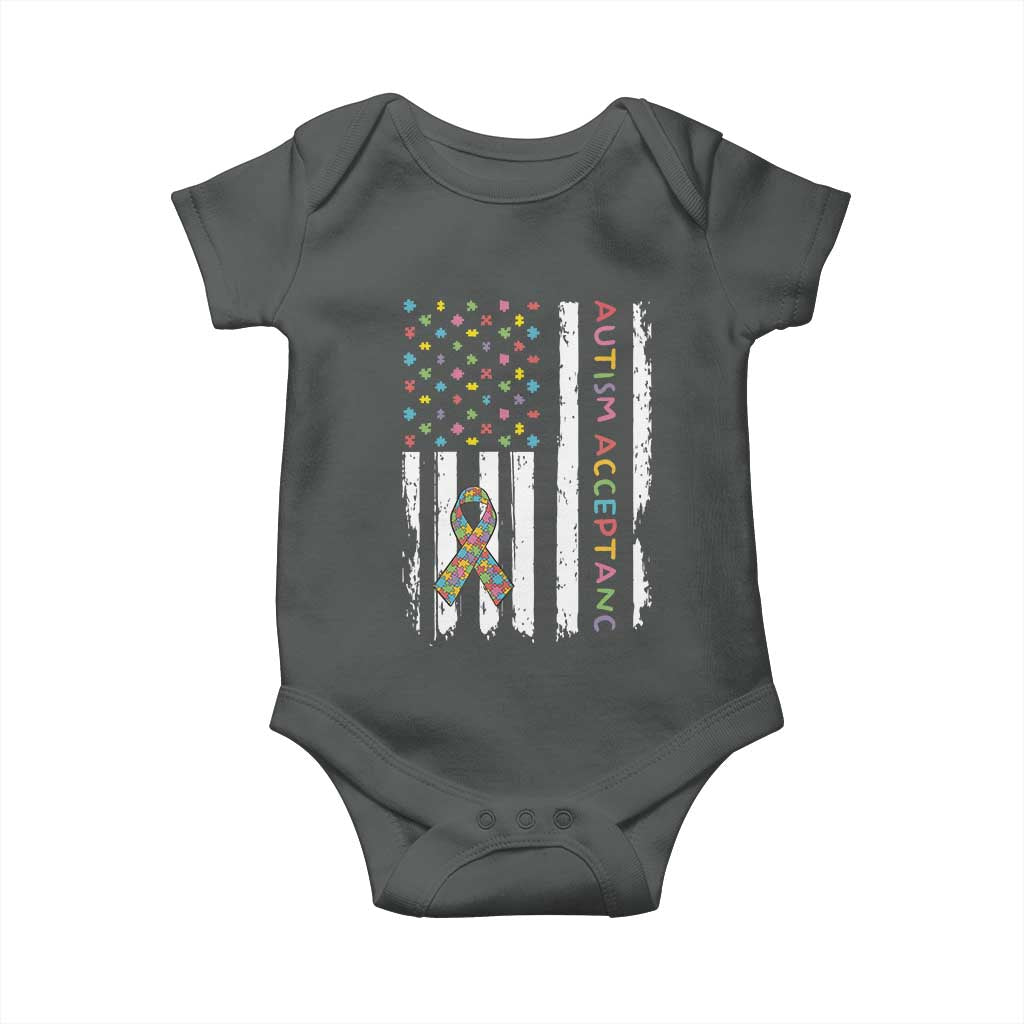 Autism Acceptance Baby Onesie American Flag Neurodivergent Support Ribbon Puzzle