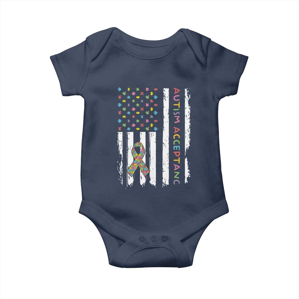 Autism Acceptance Baby Onesie American Flag Neurodivergent Support Ribbon Puzzle