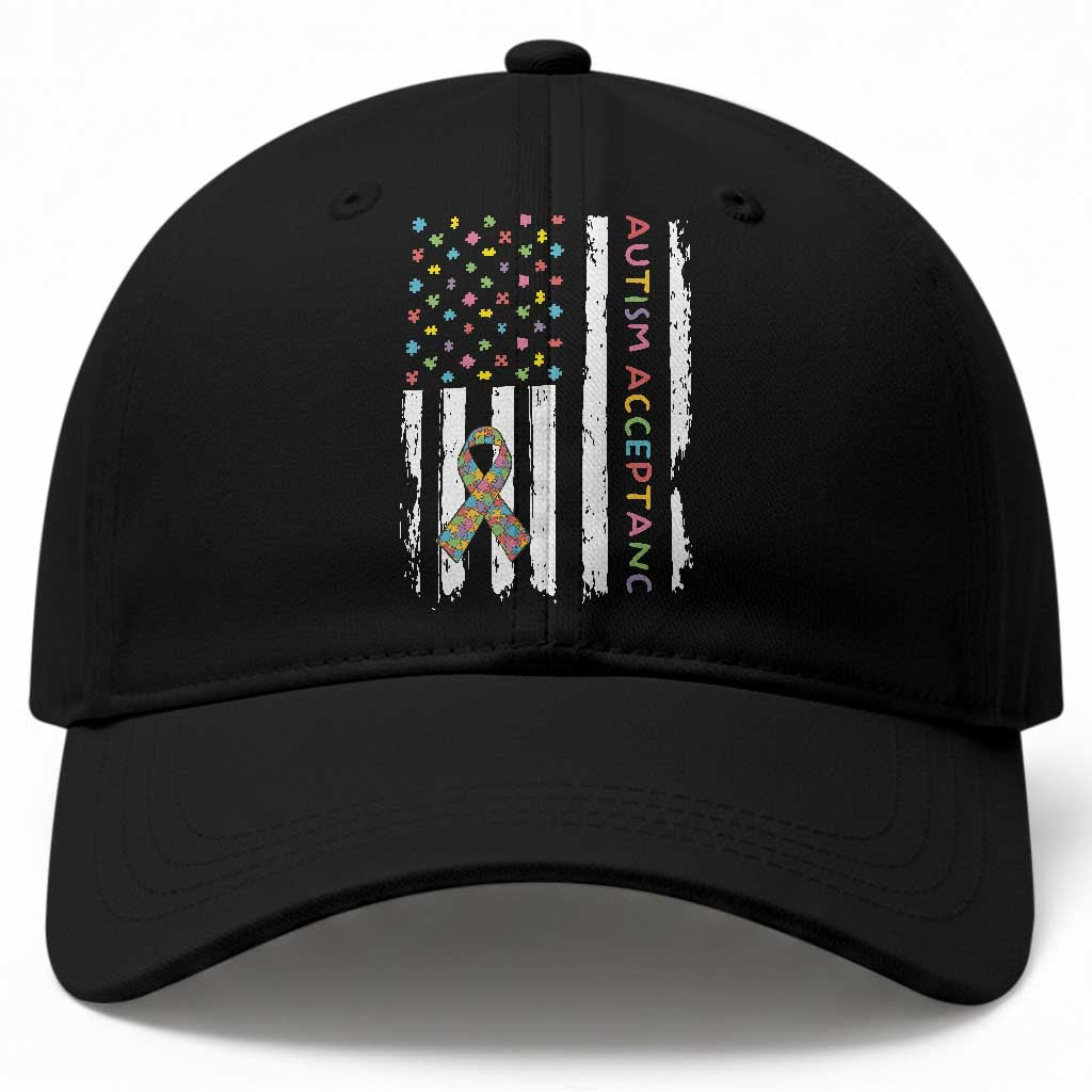 Autism Acceptance Baseball Cap American Flag Neurodivergent Support Ribbon Puzzle