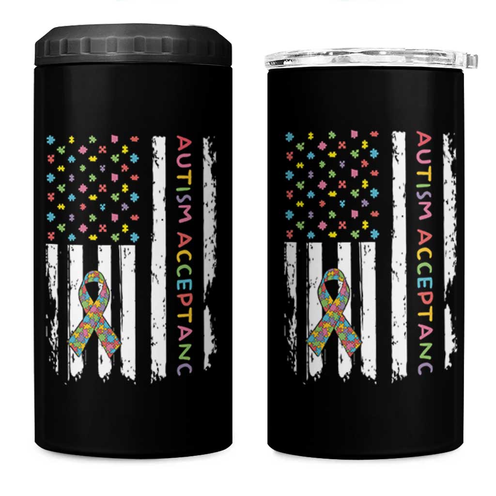 Autism Acceptance 4 in 1 Can Cooler Tumbler American Flag Neurodivergent Support Ribbon Puzzle