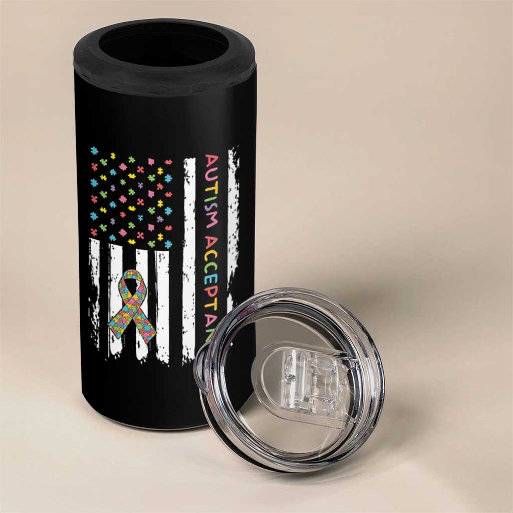 Autism Acceptance 4 in 1 Can Cooler Tumbler American Flag Neurodivergent Support Ribbon Puzzle