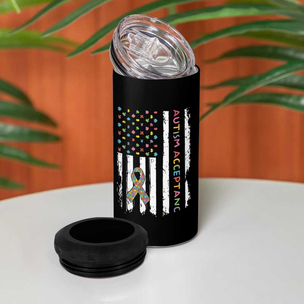 Autism Acceptance 4 in 1 Can Cooler Tumbler American Flag Neurodivergent Support Ribbon Puzzle