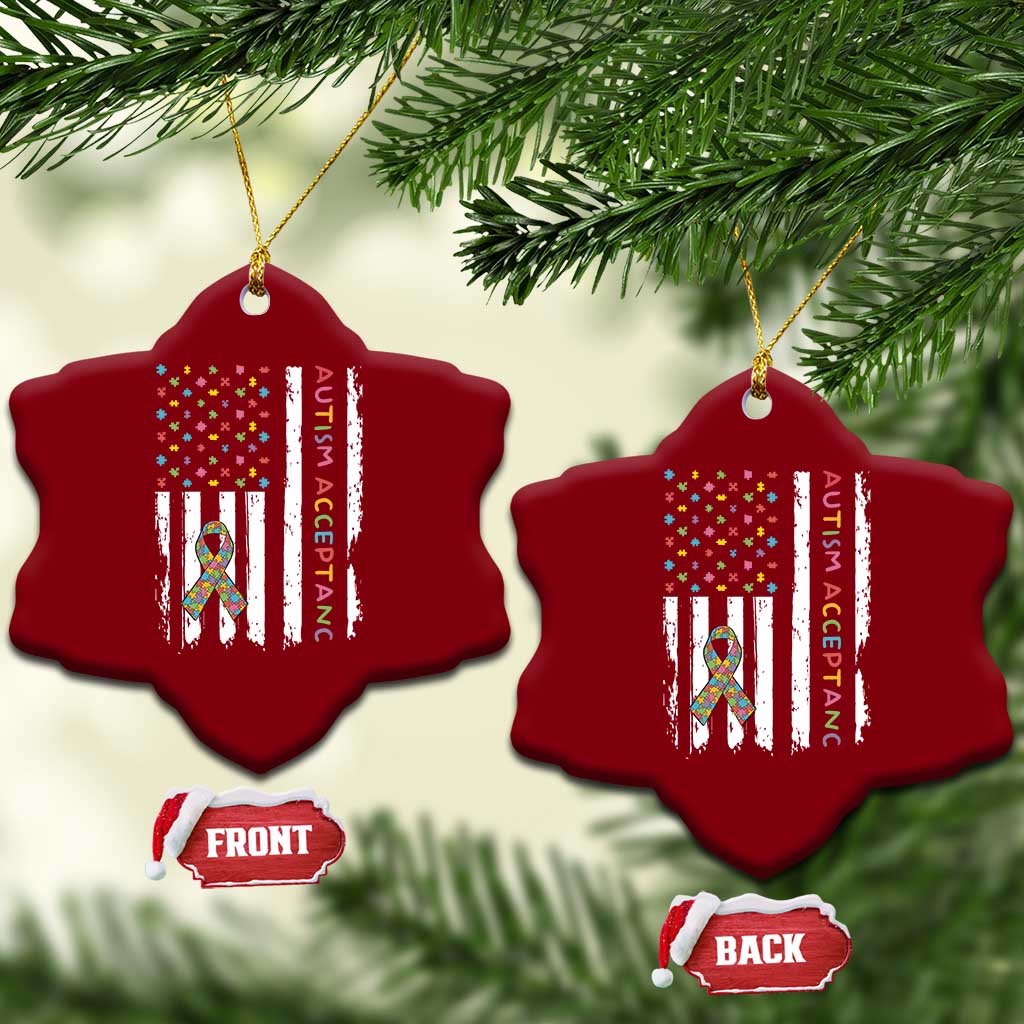 Autism Acceptance Ceramic Ornament American Flag Neurodivergent Support Ribbon Puzzle