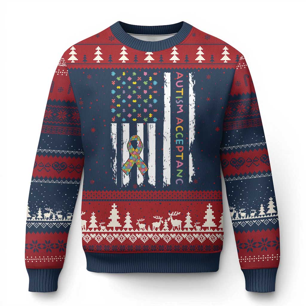 Autism Acceptance Ugly Christmas Sweater American Flag Neurodivergent Support Ribbon Puzzle