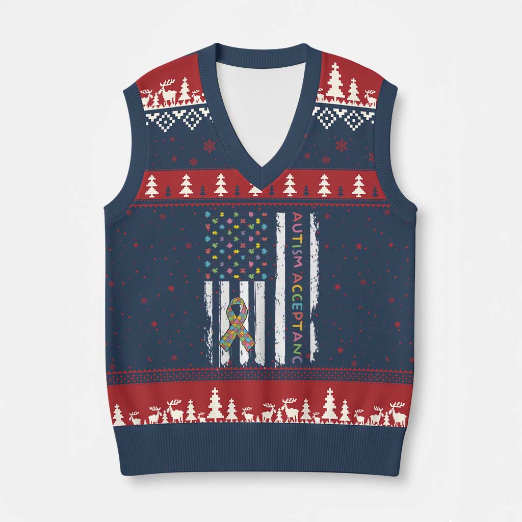 Autism Acceptance V-Neck Knit Sweater Vest American Flag Neurodivergent Support Ribbon Puzzle
