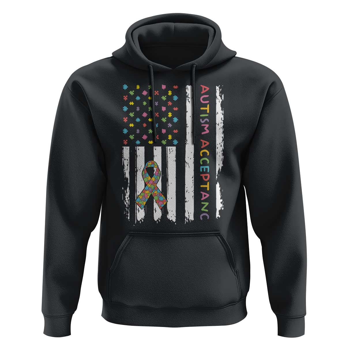 Autism Acceptance Hoodie American Flag Neurodivergent Support Ribbon Puzzle