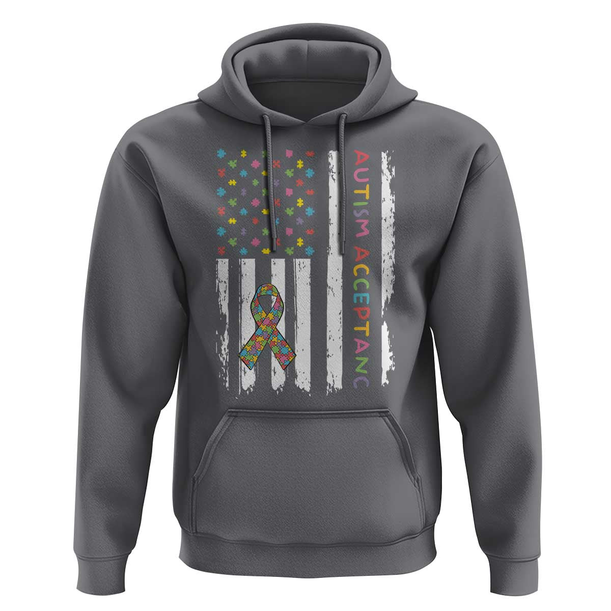 Autism Acceptance Hoodie American Flag Neurodivergent Support Ribbon Puzzle