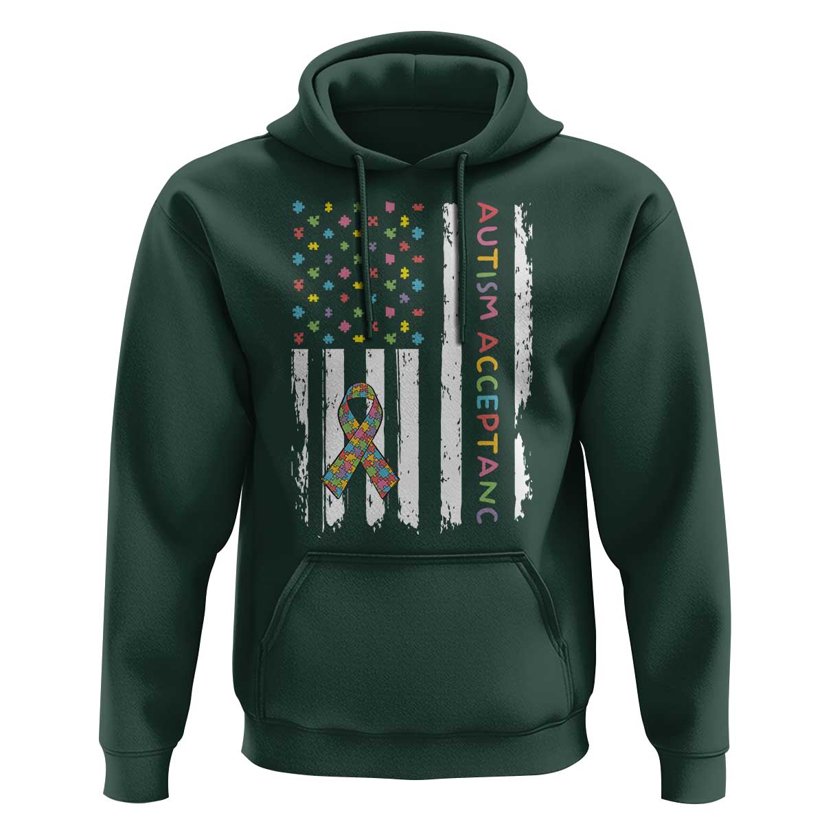 Autism Acceptance Hoodie American Flag Neurodivergent Support Ribbon Puzzle