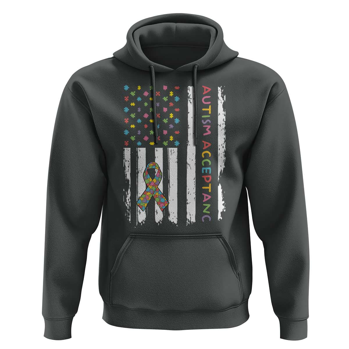 Autism Acceptance Hoodie American Flag Neurodivergent Support Ribbon Puzzle
