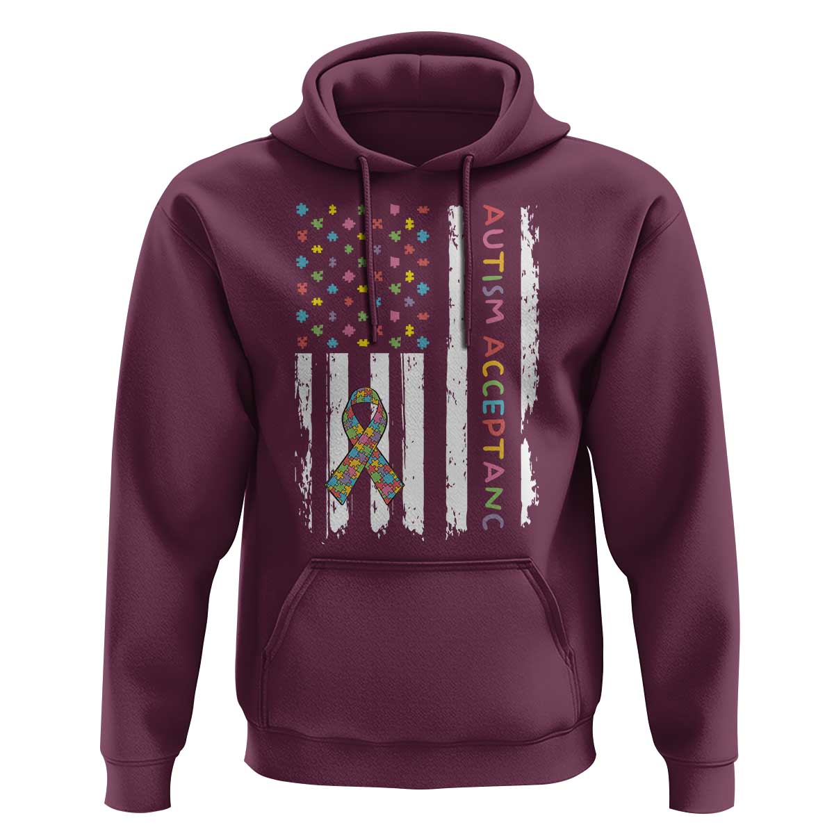 Autism Acceptance Hoodie American Flag Neurodivergent Support Ribbon Puzzle