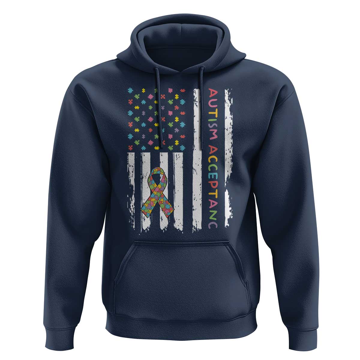 Autism Acceptance Hoodie American Flag Neurodivergent Support Ribbon Puzzle