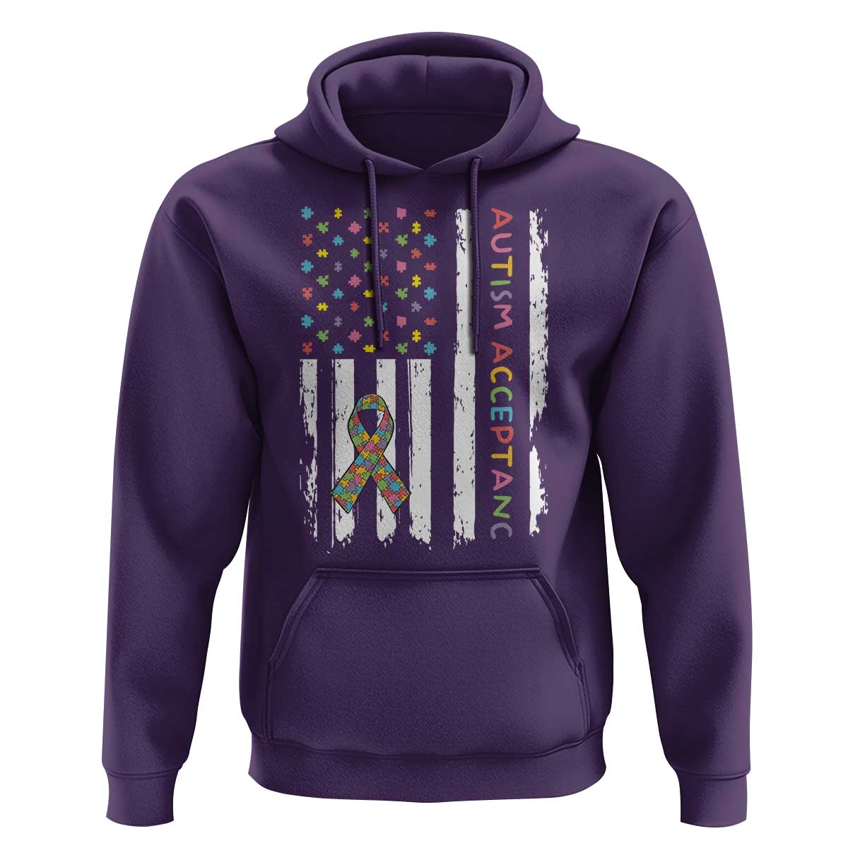 Autism Acceptance Hoodie American Flag Neurodivergent Support Ribbon Puzzle
