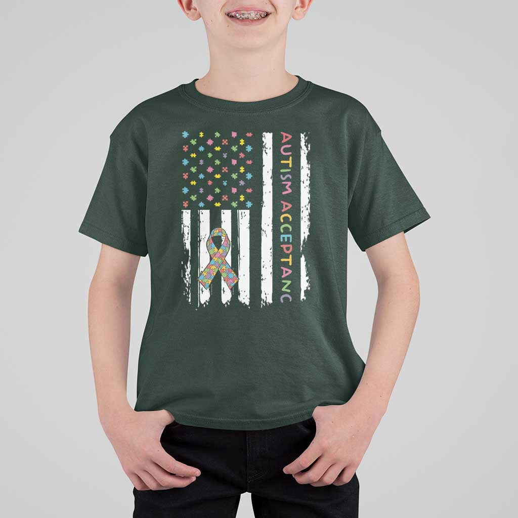 Autism Acceptance T Shirt For Kid American Flag Neurodivergent Support Ribbon Puzzle