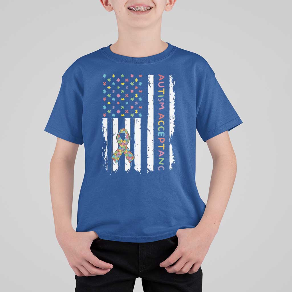 Autism Acceptance T Shirt For Kid American Flag Neurodivergent Support Ribbon Puzzle