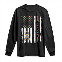 Autism Acceptance Long Sleeve Shirt American Flag Neurodivergent Support Ribbon Puzzle